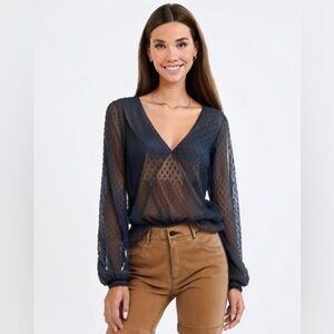 Rue21 Swiss Dot Textured Vneck Black Blouse